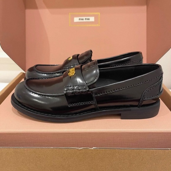Miu Miu Black Loafers with Gold Accent - Picture 5 of 9